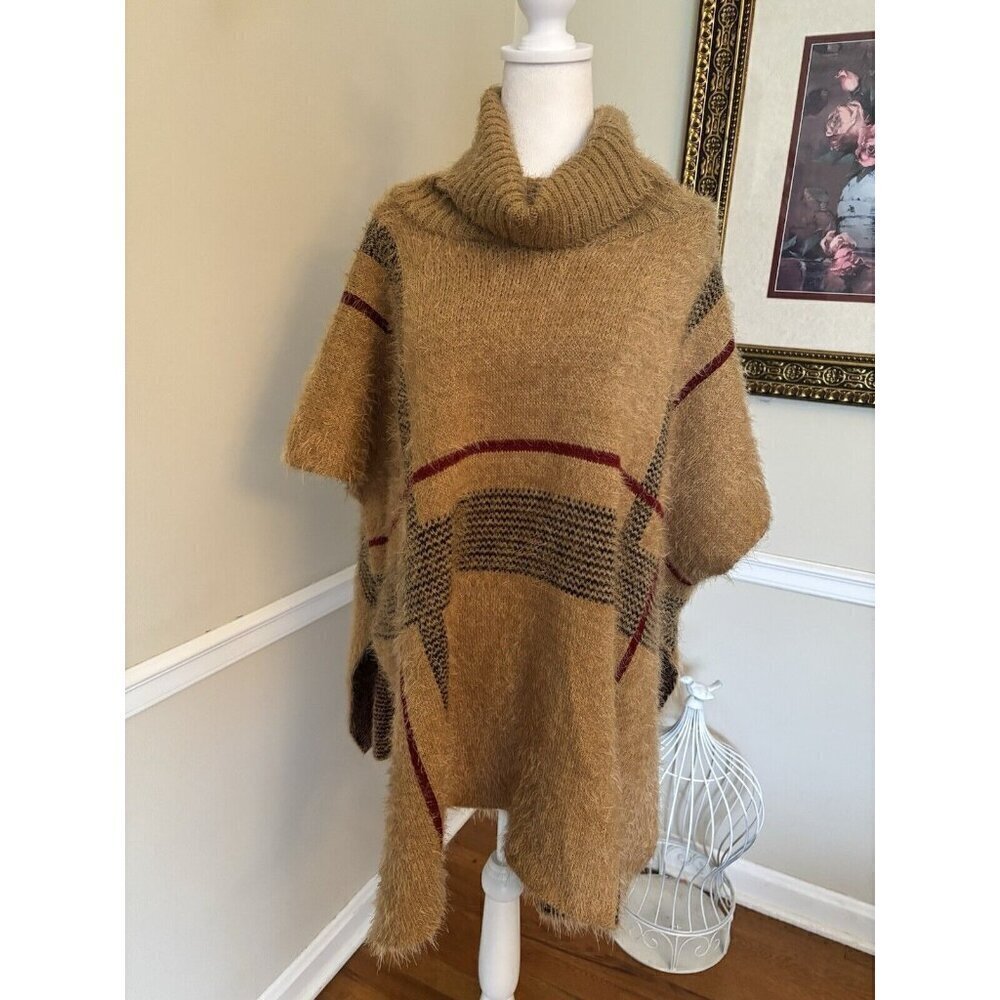 Do Everything In Love Brown Plaid Poncho Turtleneck Fuzzy Soft One Size